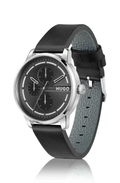 Stainless-steel watch with black dial and leather strap
