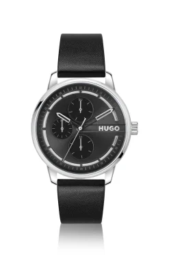 Stainless-steel watch with black dial and leather strap