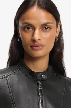 Stand-collar biker jacket in soft leather