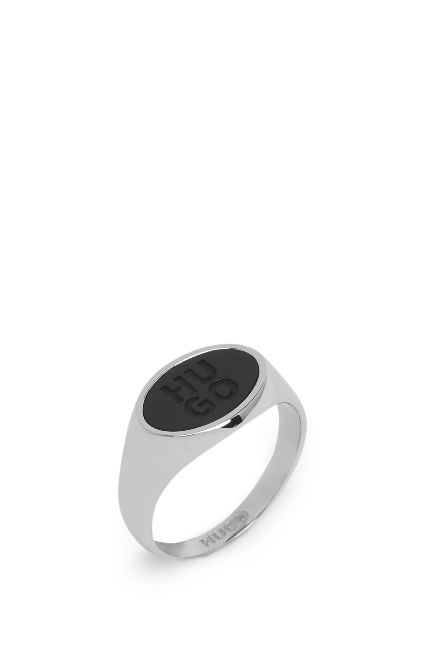 Steel ring with stacked-logo enamel insert