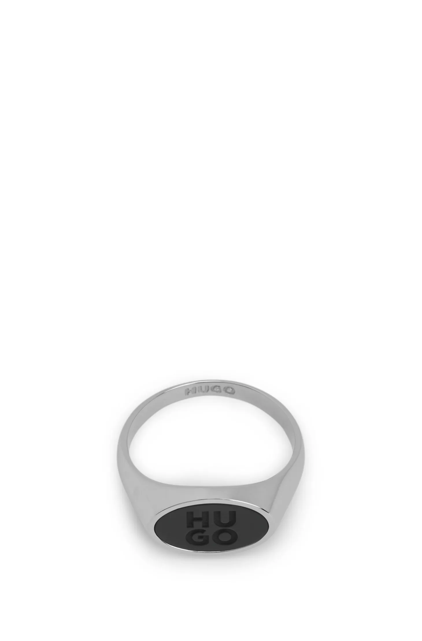 Steel ring with stacked-logo enamel insert