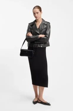 Straight-fit biker jacket in leather with zipped details