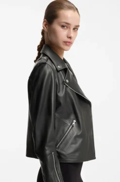 Straight-fit biker jacket in leather with zipped details