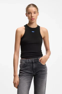 Stretch-cotton tank top with blue logo label