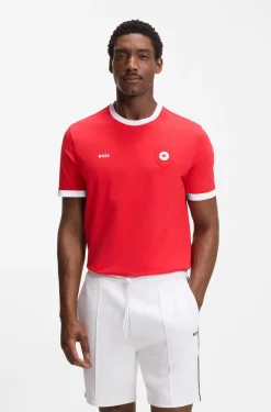 Stretch-cotton T-shirt with country flag and logo