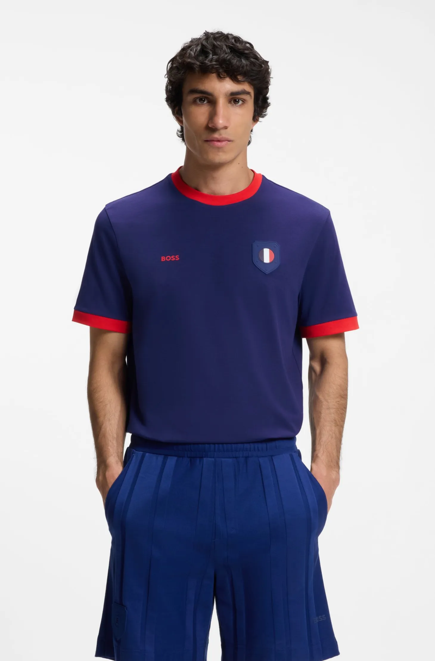 Stretch-cotton T-shirt with country flag and logo