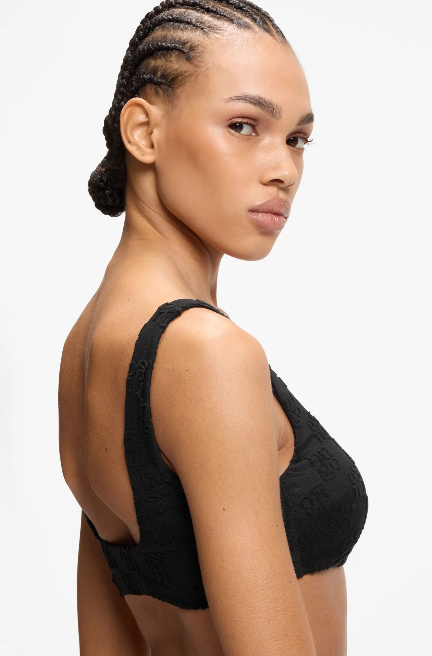 Stretch-terry bikini top with stacked logos
