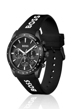 Strike Black-dial chronograph watch with silicone logo strap
