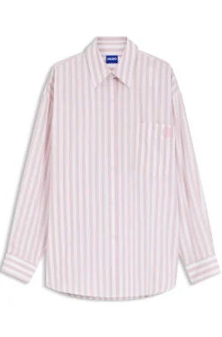Striped-cotton oversized-fit blouse with Happy HUGO logo