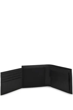 Structured trifold wallet with polished logo lettering