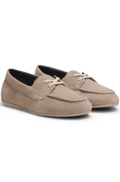 Suede boat shoes with stacked logo