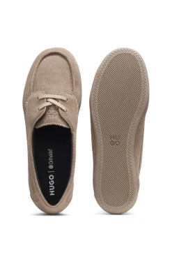 Suede boat shoes with stacked logo