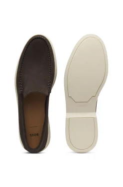 Suede loafers with embossed logo