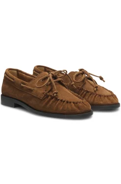 Suede moccasins with hand-stitched apron toe