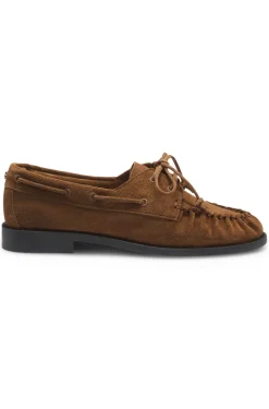 Suede moccasins with hand-stitched apron toe