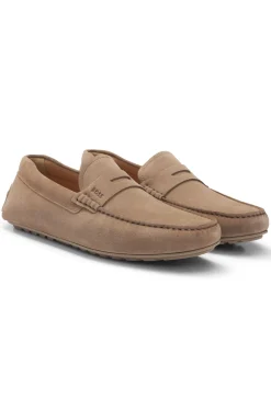 Suede moccasins with penny trim