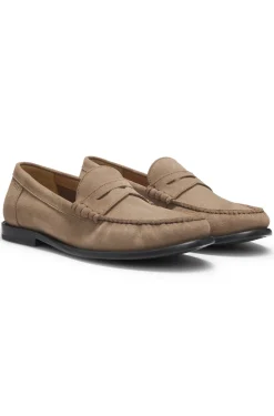 Suede moccasins with penny trim and embossed logo