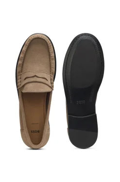 Suede moccasins with penny trim and embossed logo