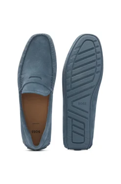 Suede moccasins with penny trim