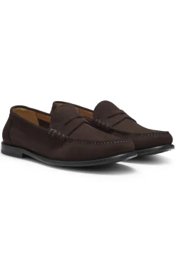 Suede moccasins with penny trim and embossed logo