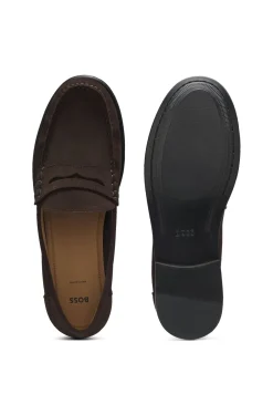 Suede moccasins with penny trim and embossed logo