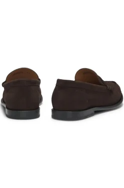 Suede moccasins with penny trim and embossed logo