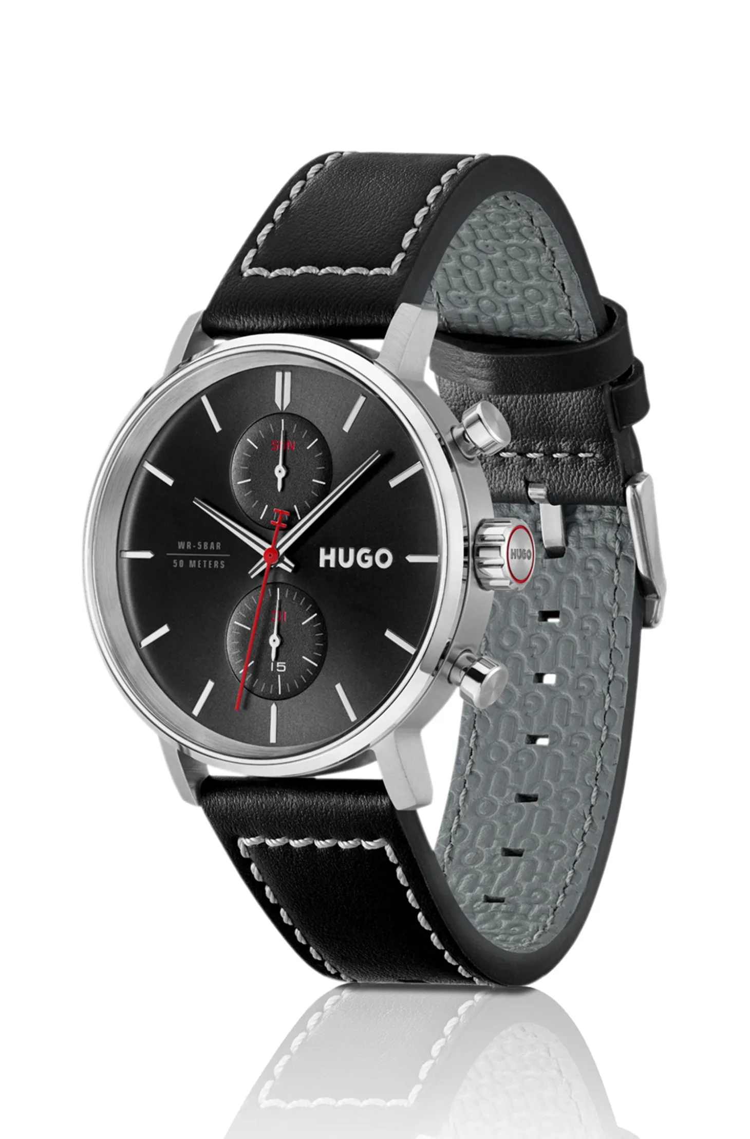 #Takeoff black-dial watch with stitched leather strap