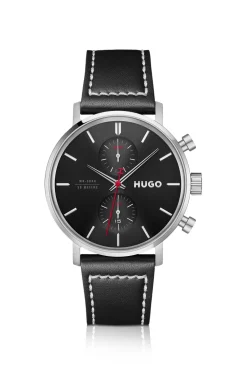 #Takeoff black-dial watch with stitched leather strap