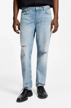 Tapered-fit jeans in light-blue distressed denim