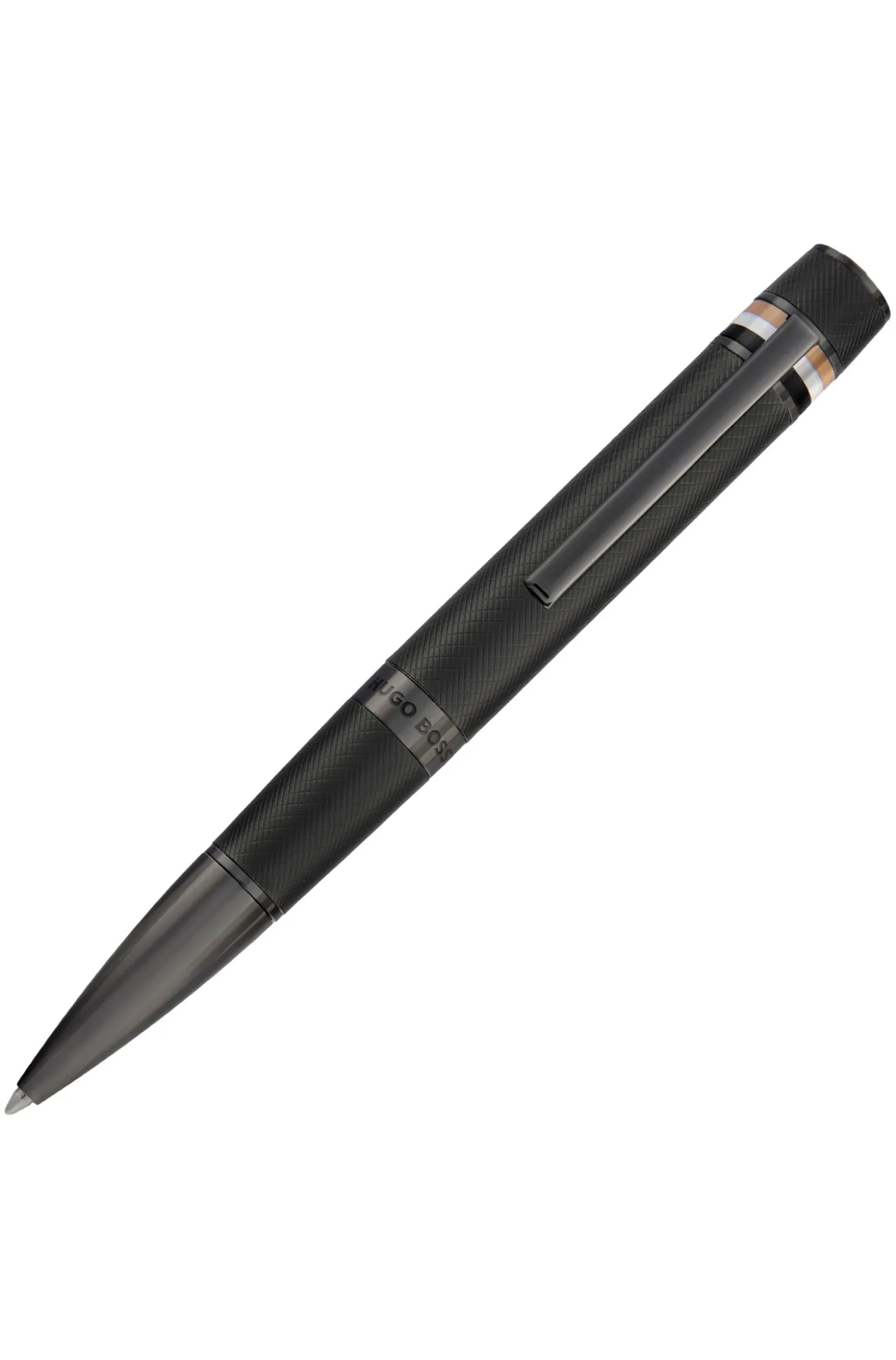 Textured-barrel ballpoint pen with signature-stripe ring
