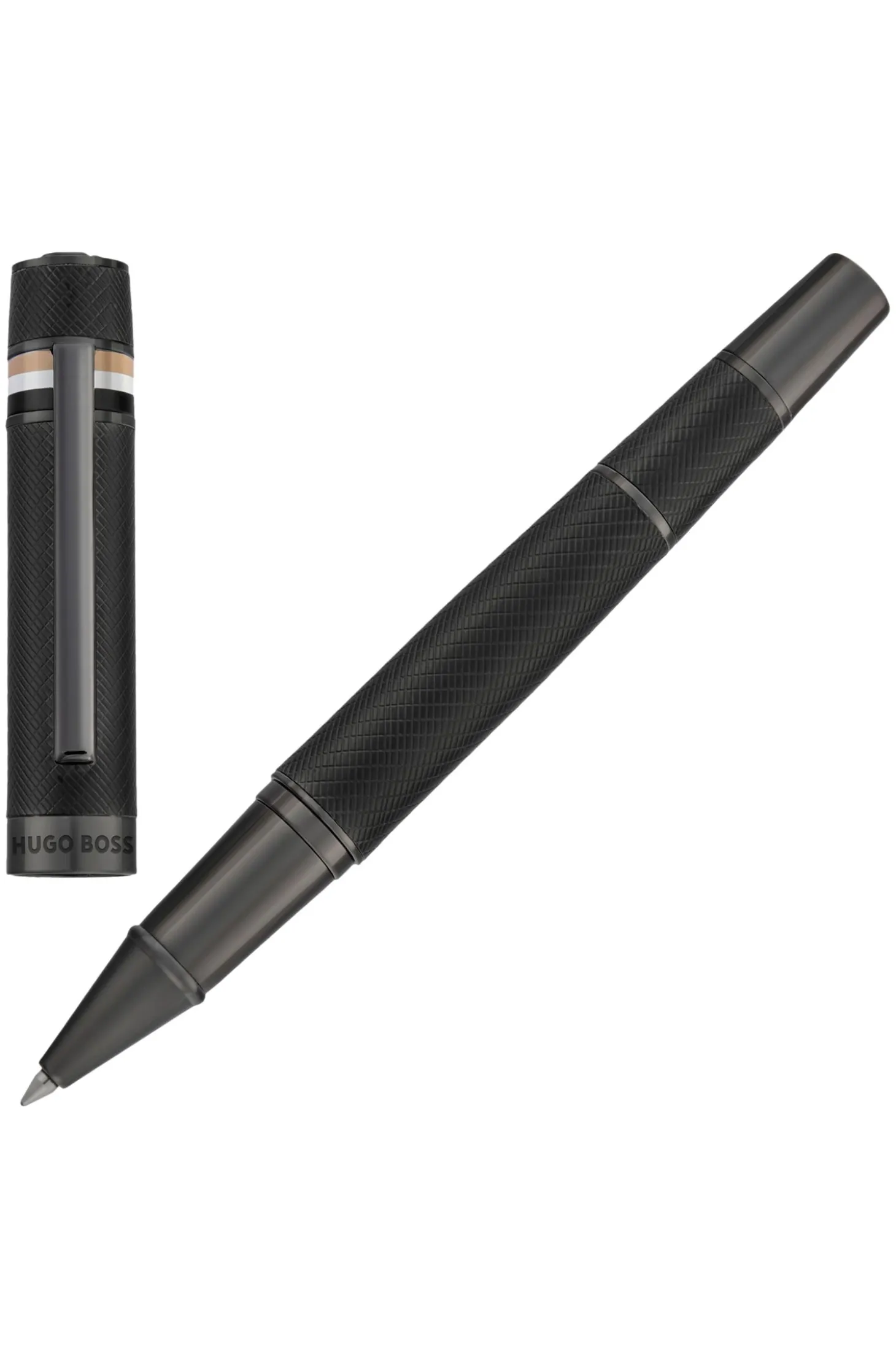 Textured-barrel ballpoint pen with signature-stripe ring