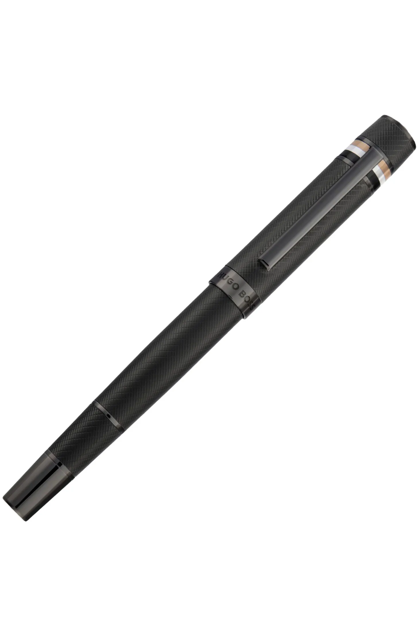 Textured-barrel ballpoint pen with signature-stripe ring