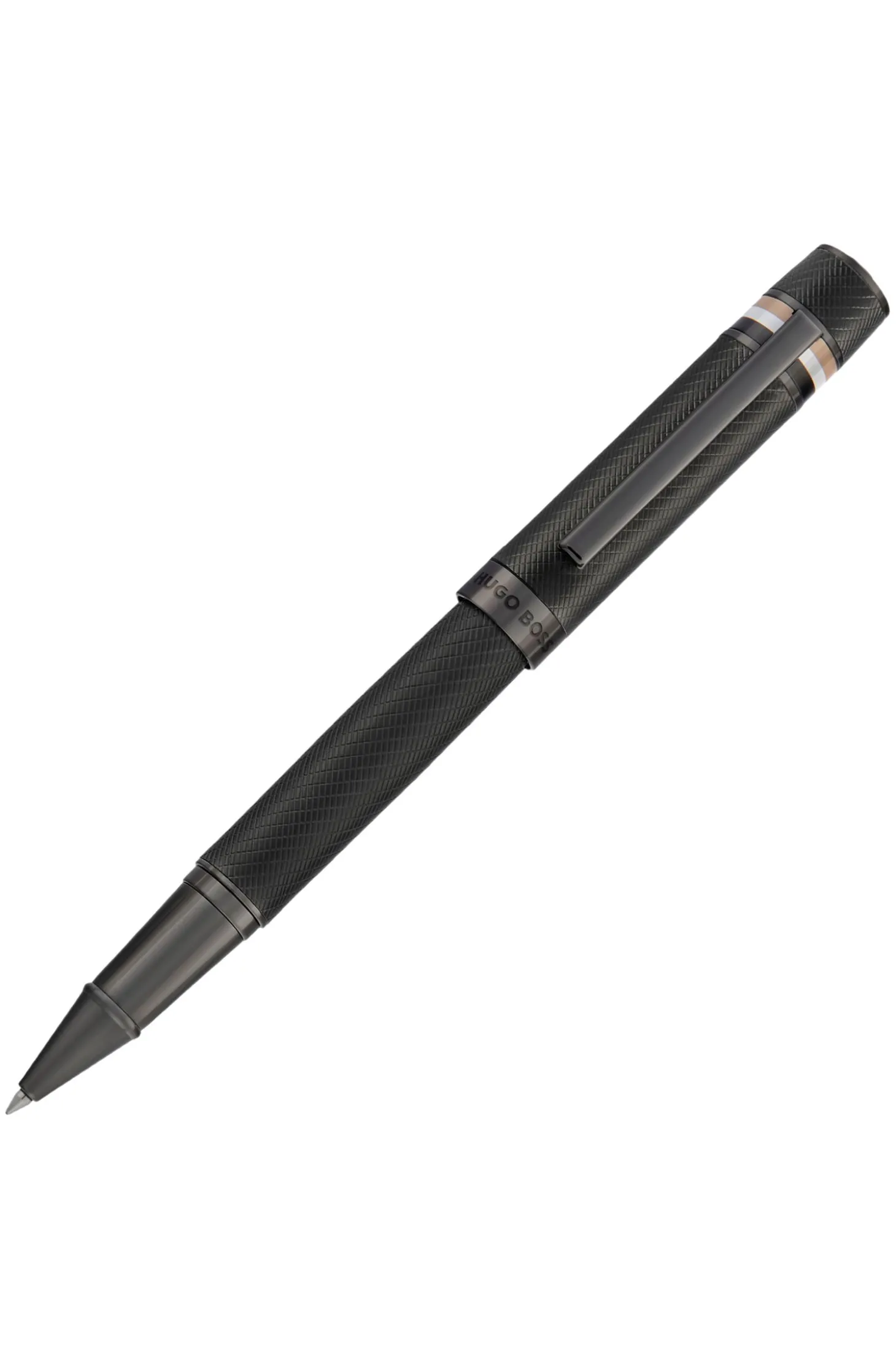 Textured-barrel rollerball pen with signature-stripe ring