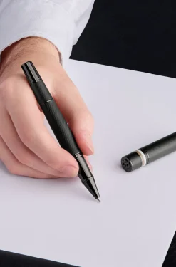 Textured-barrel rollerball pen with signature-stripe ring