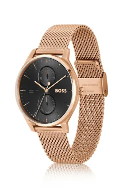 THREEHAND Black-dial watch with carnation-gold-tone mesh bracelet