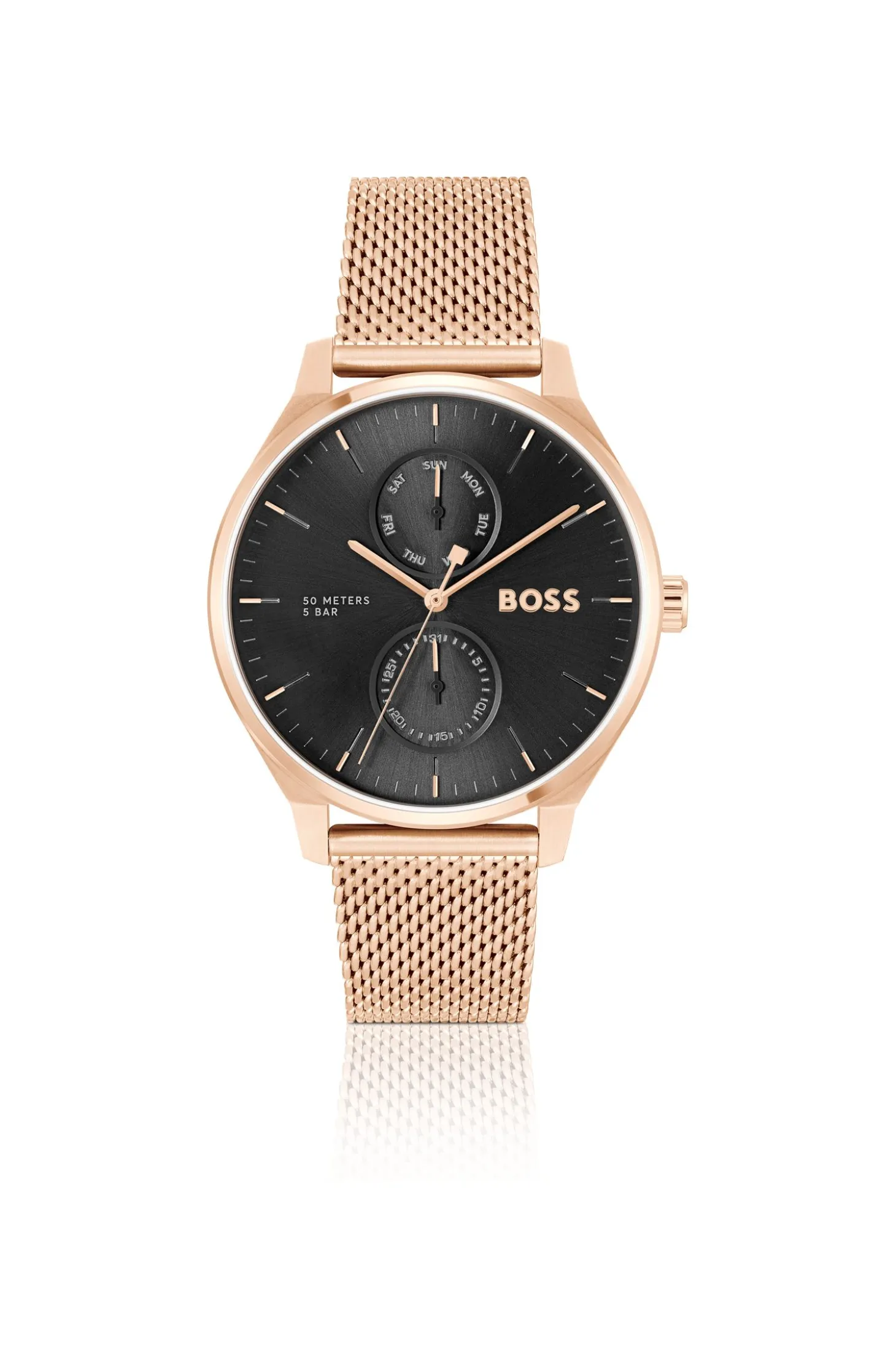 THREEHAND Black-dial watch with carnation-gold-tone mesh bracelet