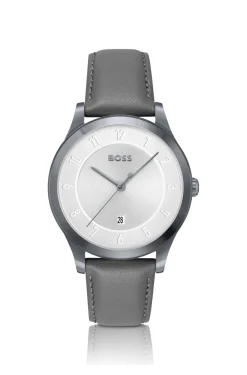 THREEHAND Grey-plated watch with leather strap