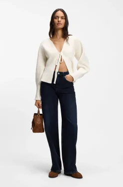 Tie-front rib-knit cardigan with balloon sleeves