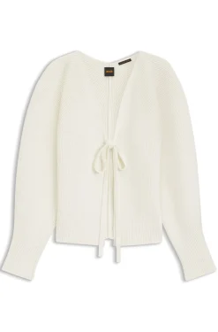 Tie-front rib-knit cardigan with balloon sleeves