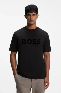 Tonal flock-logo T-shirt in stretch cotton