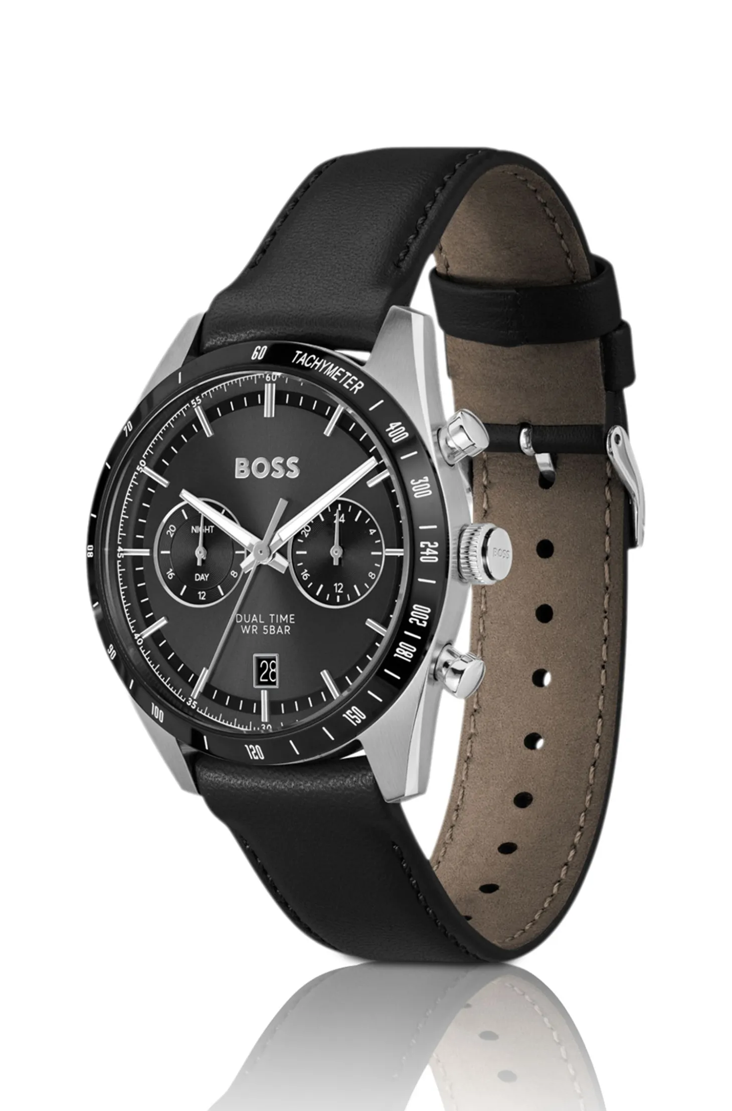 Tourmaster Black-dial watch with black leather strap