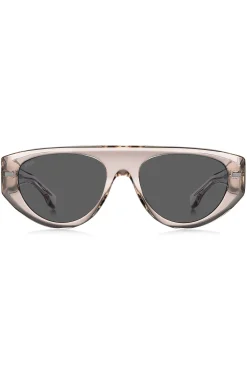 Translucent pink bio-acetate sunglasses with patterned rivets