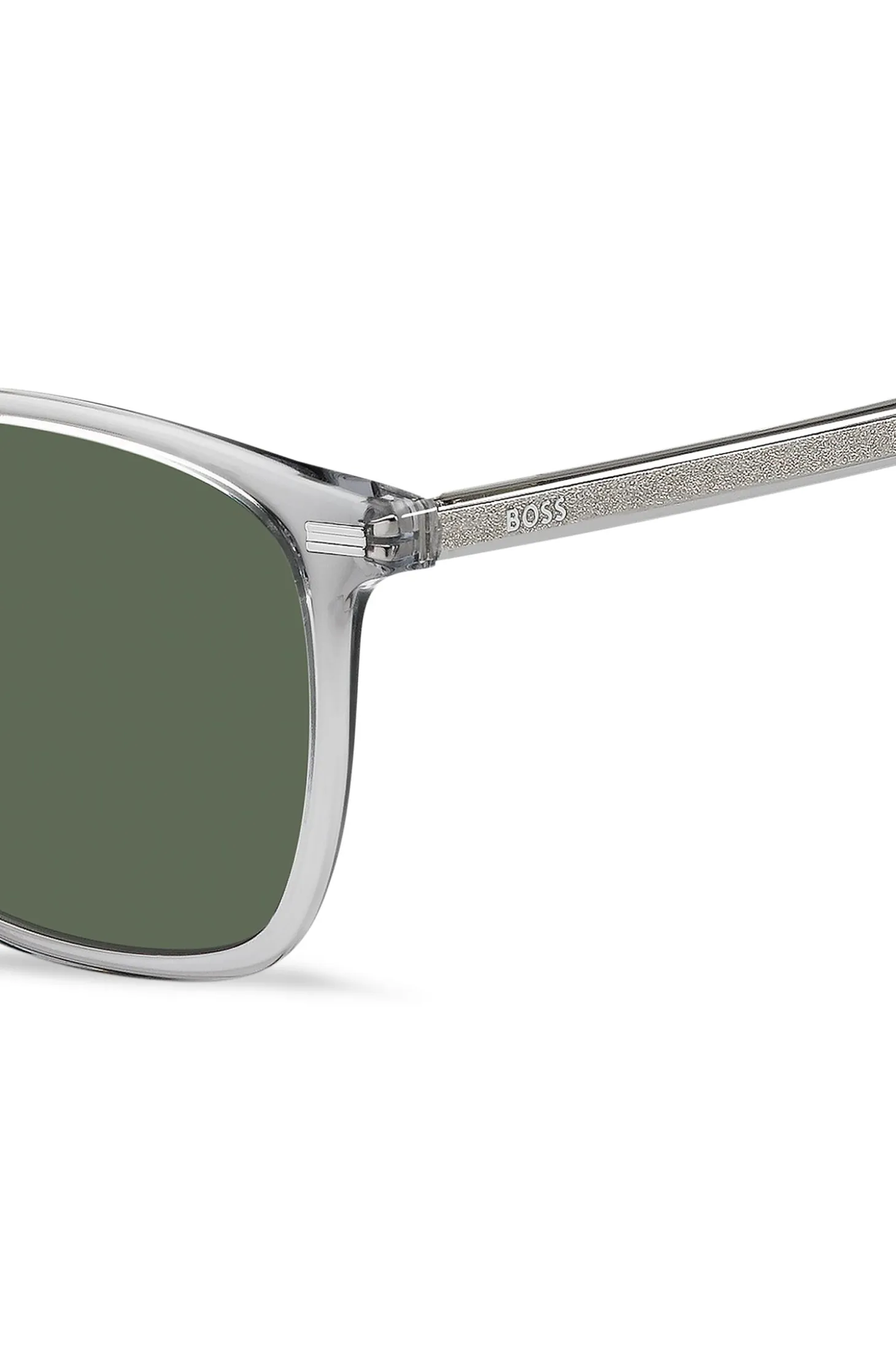 Transparent-grey sunglasses with temple logo