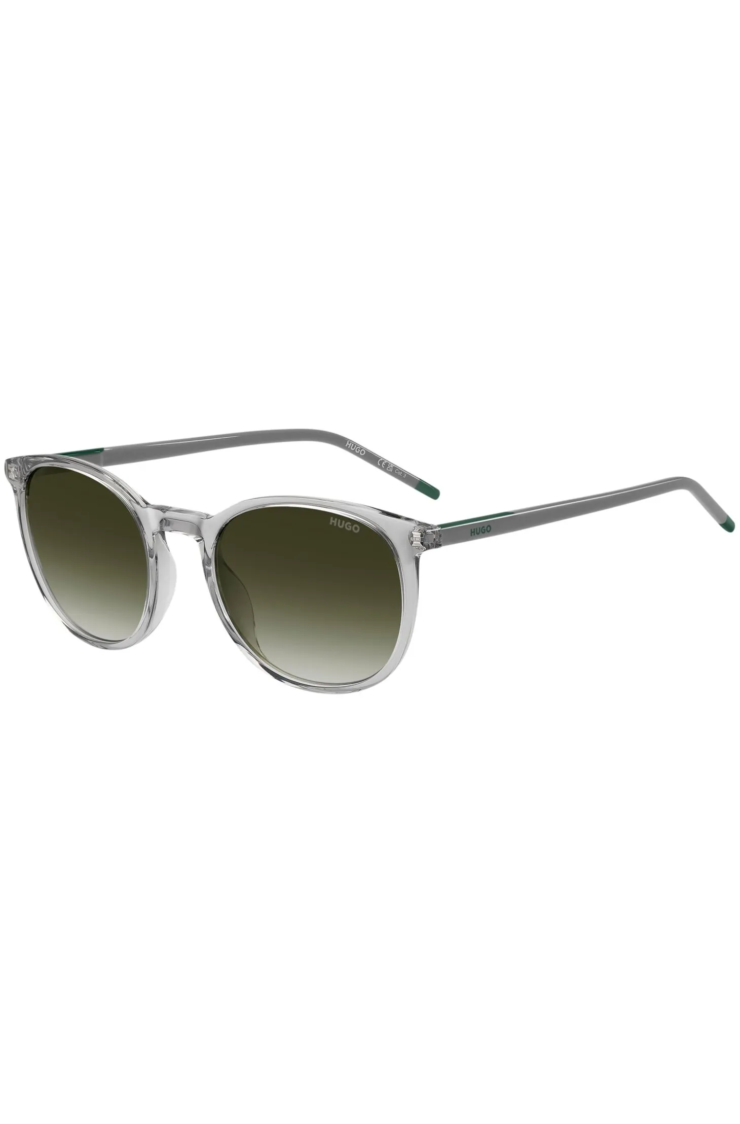 Transparent-grey sunglasses with green logo