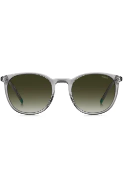 Transparent-grey sunglasses with green logo