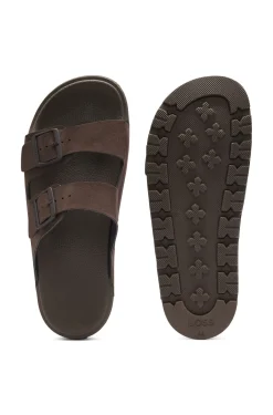 Twin-strap slides with branded buckles