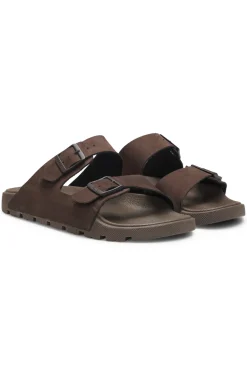 Twin-strap slides with branded buckles