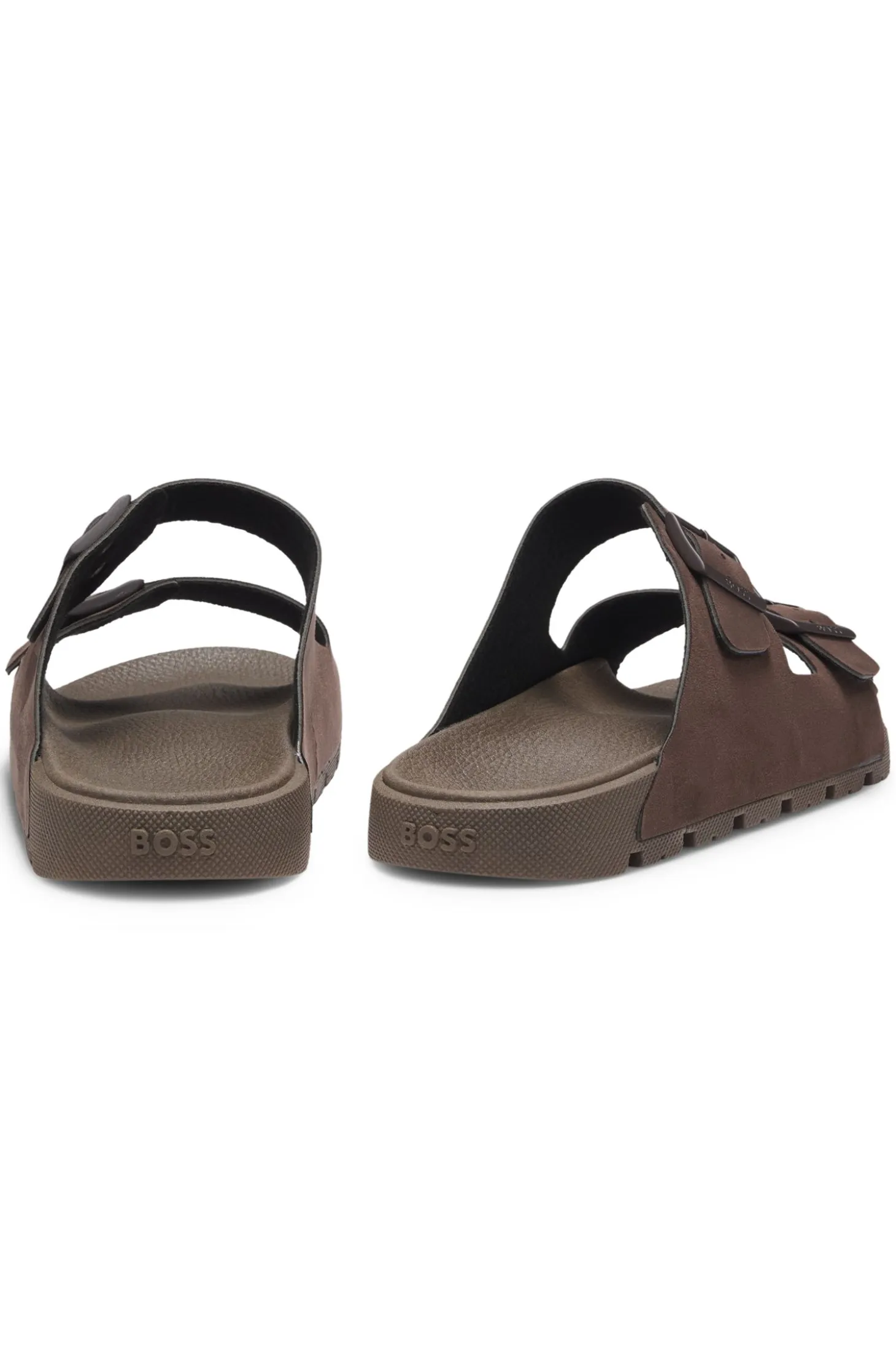 Twin-strap slides with branded buckles