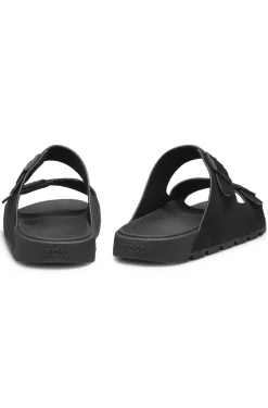 Twin-strap slides with branded buckles