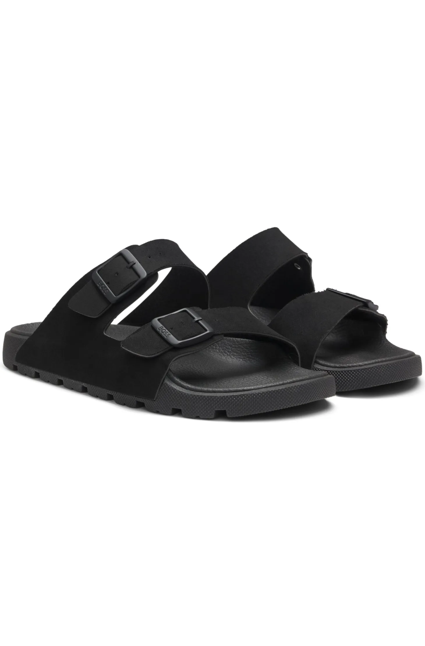Twin-strap slides with branded buckles